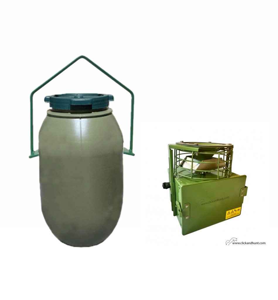 Comedero de Caza - Dispensador Metálico HU22L con Bidón 60L con Asa de Forja 