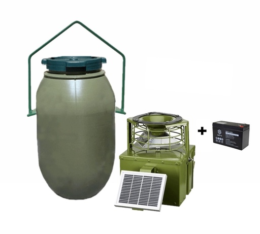 Dispensador Metálico HU22L + Batería 12V y Placa Solar + Bidón verde 60L + Asa de forja