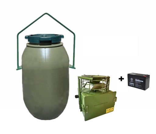 Dispensador Metálico de Grano con Batería 12V HU22L + Bidón Verde 60L + Asa de forja